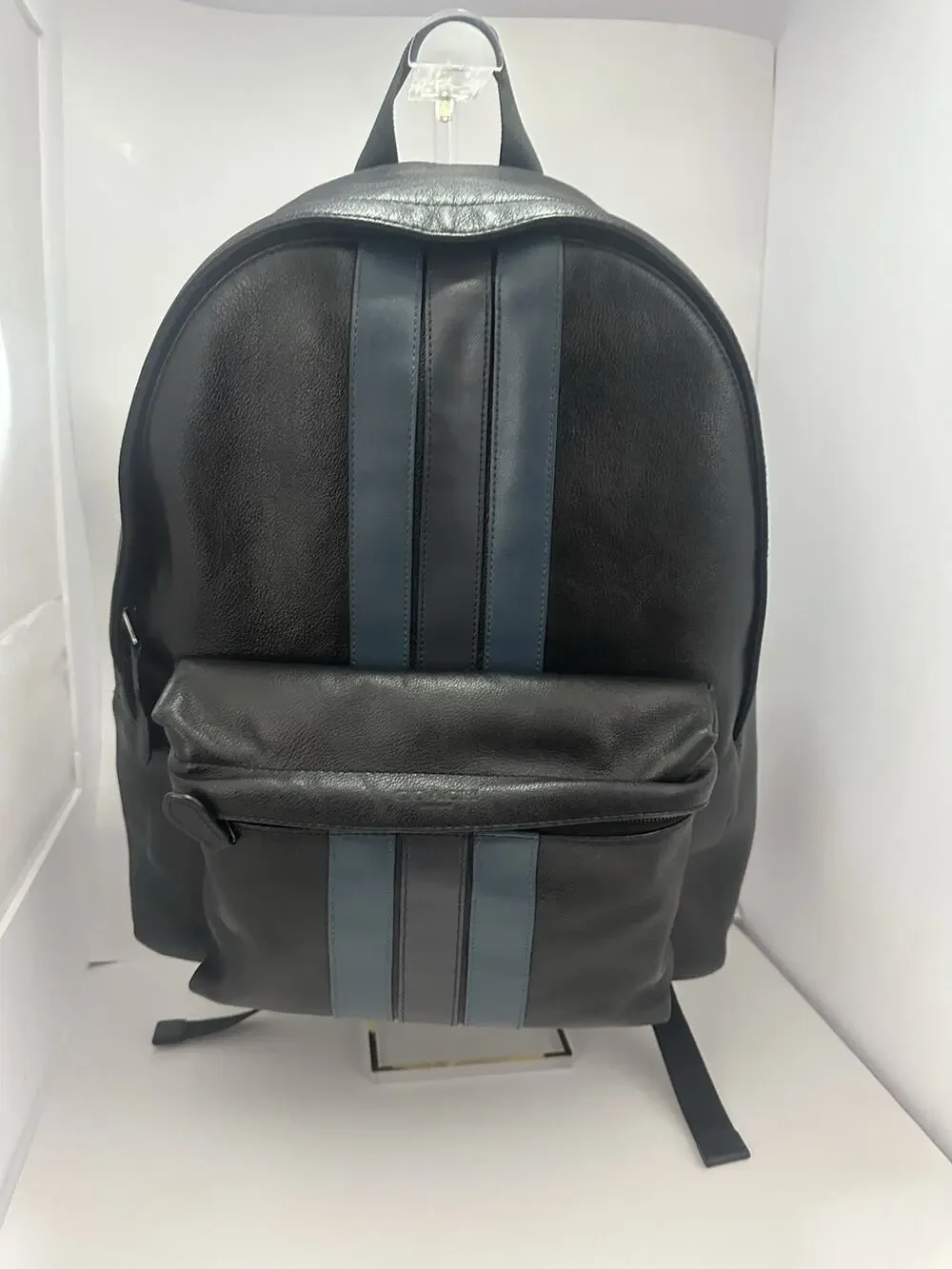 Coach Black Leather Backpack Blue Stripe Men’s Large Travel Laptop Bag